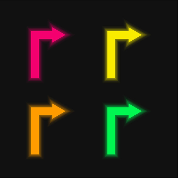 Pijl rechte hoek om te zetten naar rechts vier kleuren gloeiende neon vector pictogram - Vector, afbeelding