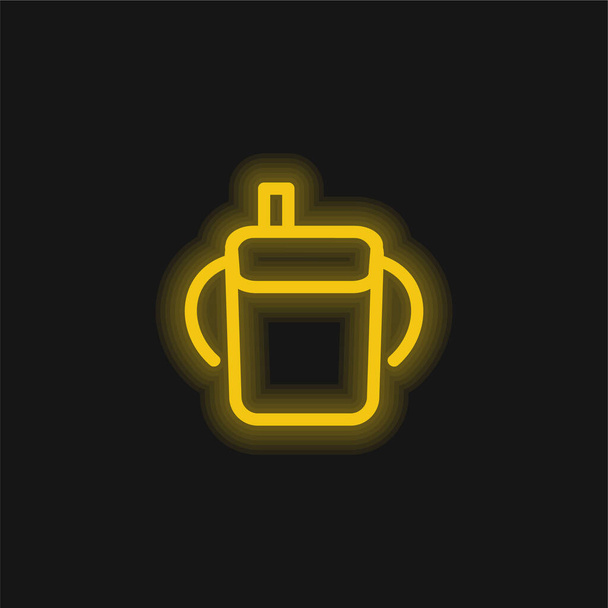 Baby Drinking Bottle vázlat oldalsó fogantyúkkal sárga ragyogó neon ikon - Vektor, kép