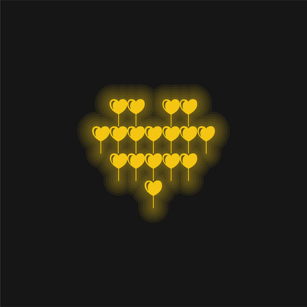複数のハートの魅力的なハートバルーン黄色の輝くネオンアイコン - ベクター画像