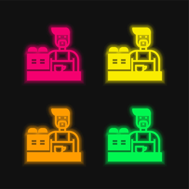 Barista négy színű izzó neon vektor ikon - Vektor, kép