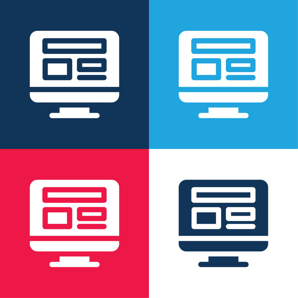 Blogging μπλε και κόκκινο σετ τεσσάρων χρωμάτων minimal icon - Διάνυσμα, εικόνα