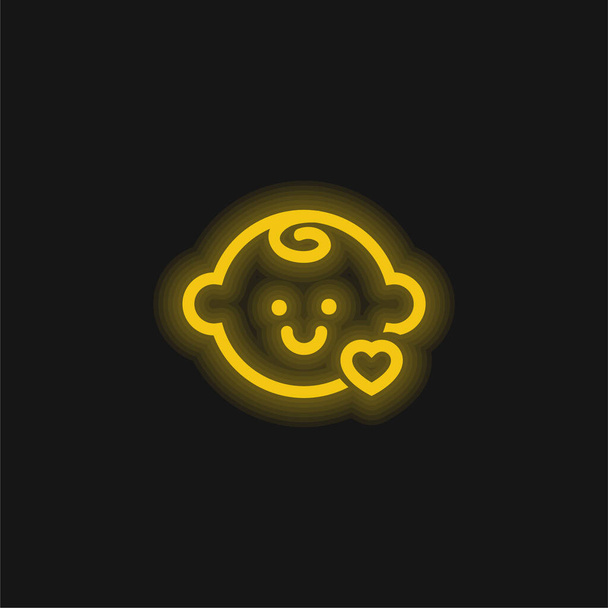 Babykopf mit kleinem Herzumriss, gelb leuchtendes Neon-Symbol - Vektor, Bild