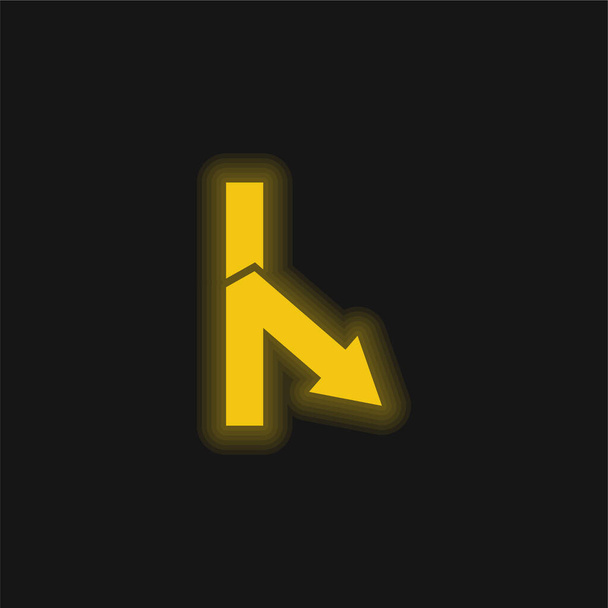 Bifurcação para baixo Ângulo de seta direita ícone de néon brilhante amarelo - Vetor, Imagem