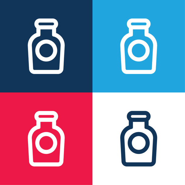 Контур бутылки с круговой этикеткой синий и красный четыре цвета минимальный набор значков - Вектор,изображение