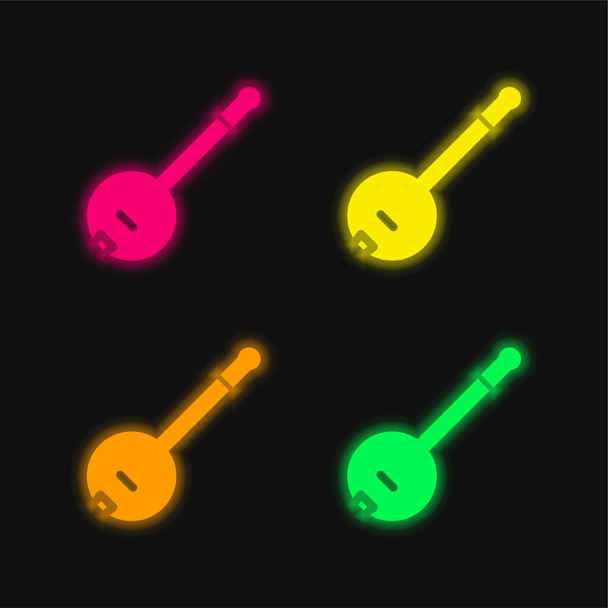 Bendzsó négy színű izzó neon vektor ikon - Vektor, kép
