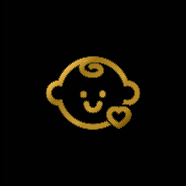 Baby Head With A Small Heart Outline gold plated metalic icon or logo vector - Vector, Image