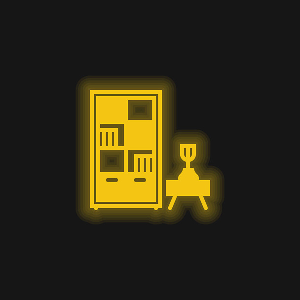 Bookcase yellow glowing neon icon - Vector, Image