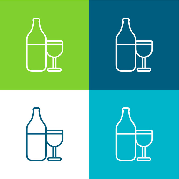 Botella y copa Esquema Plano de cuatro colores mínimo icono conjunto - Vector, Imagen