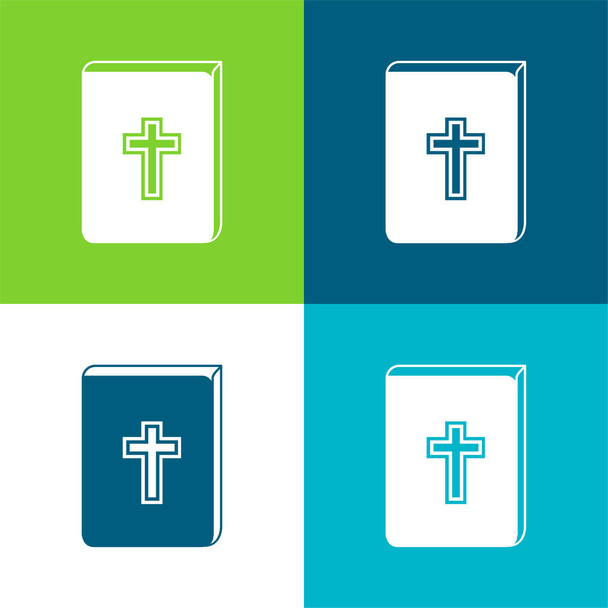 Biblia con cruz signo en frente plana de cuatro colores mínimo icono conjunto - Vector, Imagen