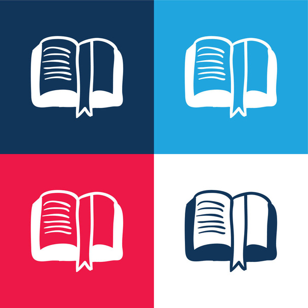Libro dibujado a mano abierto Bookmarked lectura educativa herramienta azul y rojo de cuatro colores mínimo icono conjunto - Vector, imagen