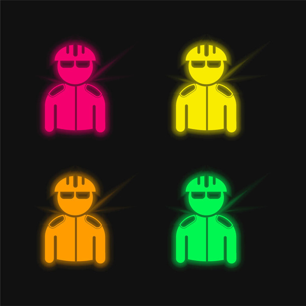 Biciklis sisakkal és dzsekivel négy színű izzó neon vektor ikon - Vektor, kép