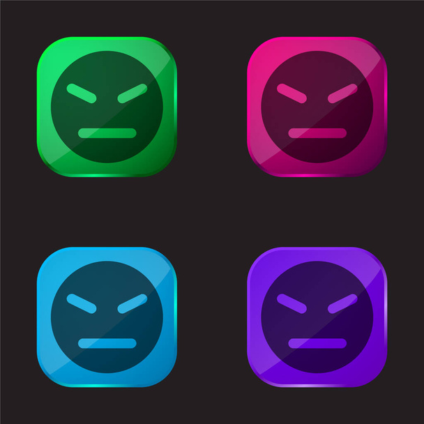 Cara enojada icono de botón de vidrio de cuatro colores - Vector, imagen