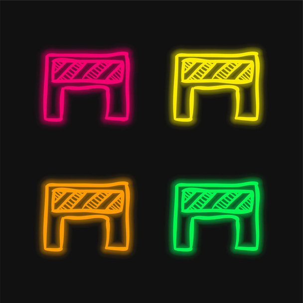 Barrera de construcción a rayas herramienta dibujada a mano icono de vectores de neón brillante de cuatro colores - Vector, Imagen