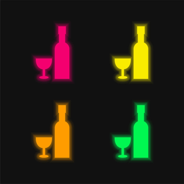 ボトルとガラス4色の輝くネオンベクトルアイコン - ベクター画像