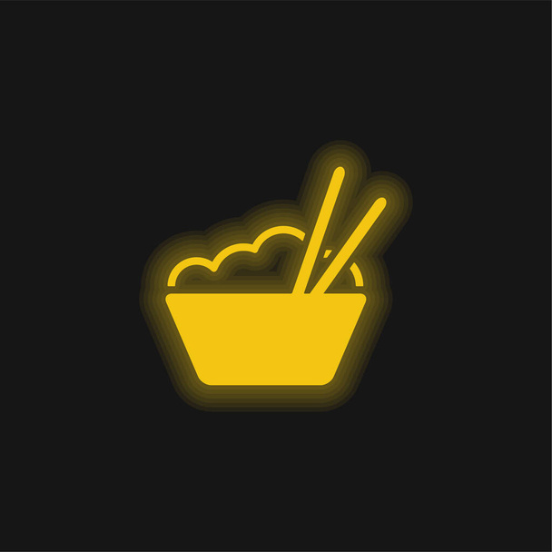 Bol avec riz et baguettes jaune brillant icône néon - Vecteur, image