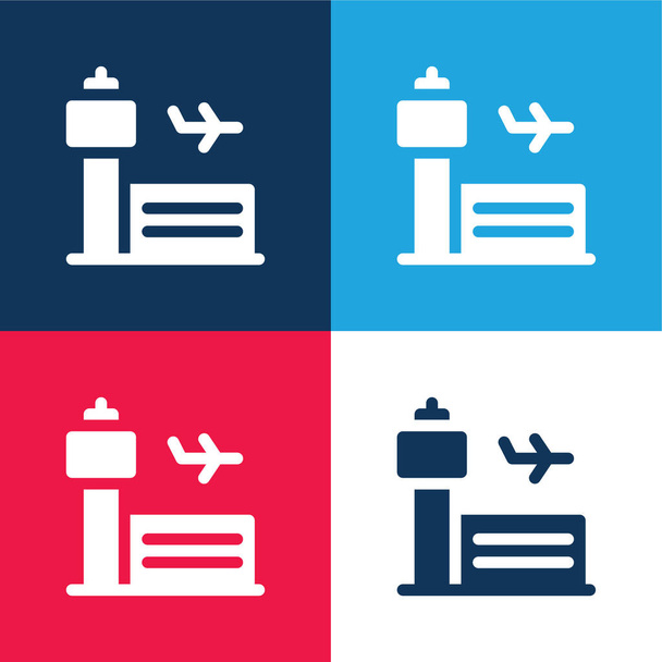 Repülőtér kék és piros négy szín minimális ikon készlet - Vektor, kép