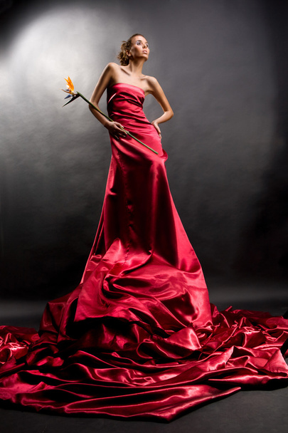 Beautiful girl in a long red dress holds exotic flower in a hand - 写真・画像