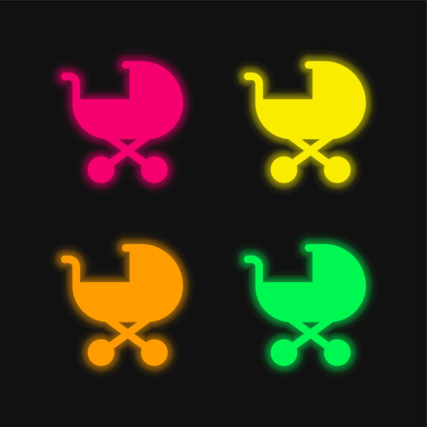 Baby Stroller four color glowing neon vector icon - Vector, Image