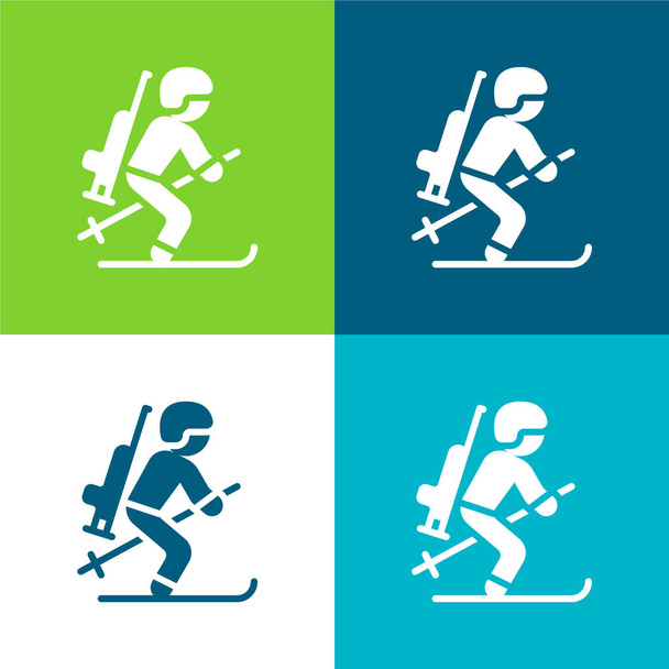 Biathlonist Επίπεδη τεσσάρων χρωμάτων ελάχιστη εικονίδιο σύνολο - Διάνυσμα, εικόνα