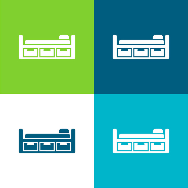 3つの引き出し付きベッドデザインフラット4色の最小アイコンセット - ベクター画像