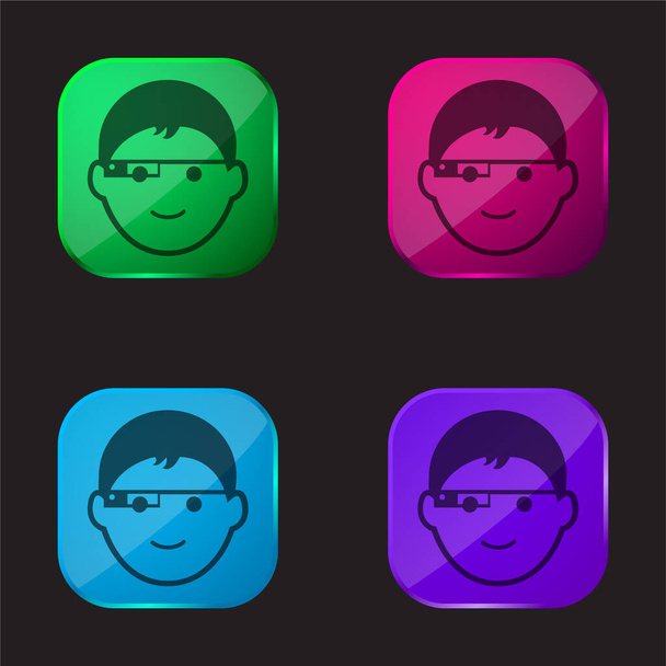 Boy Face With Google Glasses four color glass button icon - Vector, Image