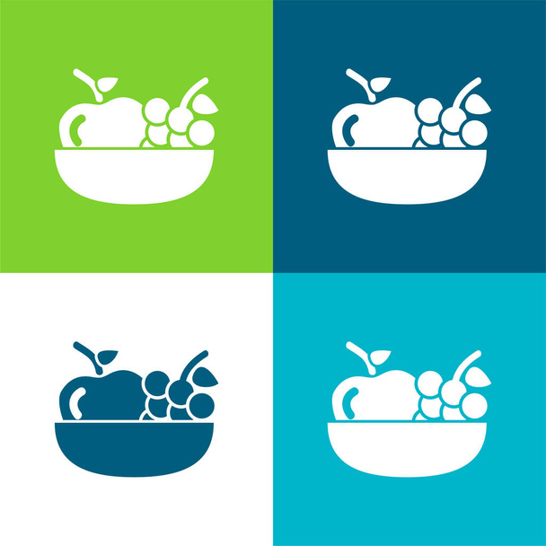 Jabłko i winogrona na miski płaskie cztery kolory minimalny zestaw ikon - Wektor, obraz