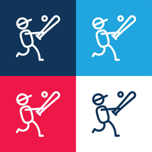 Giocatore di baseball blu e rosso set di icone minime di quattro colori - Vettoriali, immagini