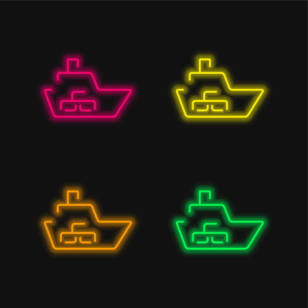 Transport logistique de bateau avec des boîtes à l'intérieur de quatre couleurs brillant icône vectorielle néon - Vecteur, image