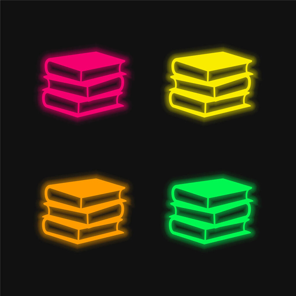 Books Stack Of Three four color glowing neon vector icon - Vector, Image