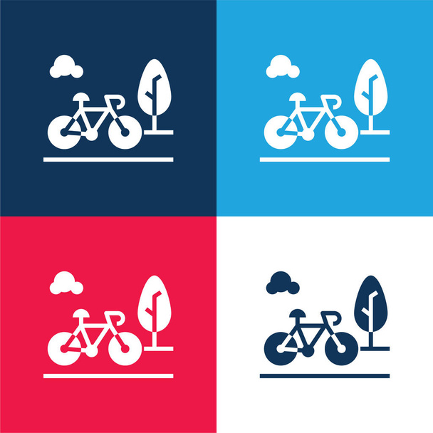 Polkupyörän sininen ja punainen nelivärinen minimaalinen kuvakesarja - Vektori, kuva