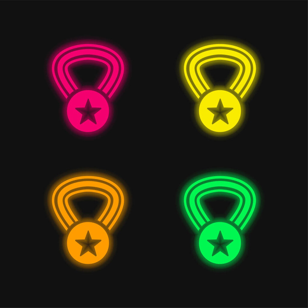 Award Medal With A Star On A Necklace four color glowing neon vector icon - Vector, Image