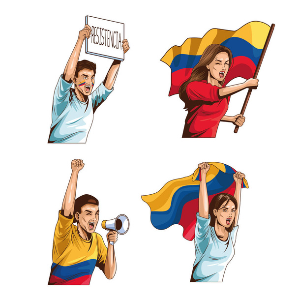 quattro colombiani protestano - Vettoriali, immagini