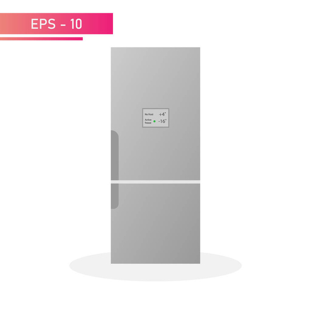 A modern grey refrigerator with a display, vertical side handle and two cameras. Realistic design. On a white background. Household appliances for the home. Flat vector illustration. - ベクター画像