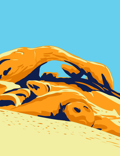 WPA Poster Art des als Arch Rock bekannten Granitbogens, der sich über ein Boulderfeld im Joshua Tree Nationalpark in Kalifornien erstreckt, im Stil der Werksverwaltung oder des Bundes-Kunstprojekts. - Vektor, Bild