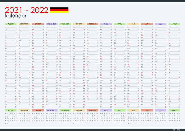 2021年- 2022年中間年のドイツ語の壁プランナー。年度。家庭教育計画、スケジュールに最適です。主催者、毎年プランナーテンプレート。ベクトルイラスト。1ページ。十二月のセット. - ベクター画像