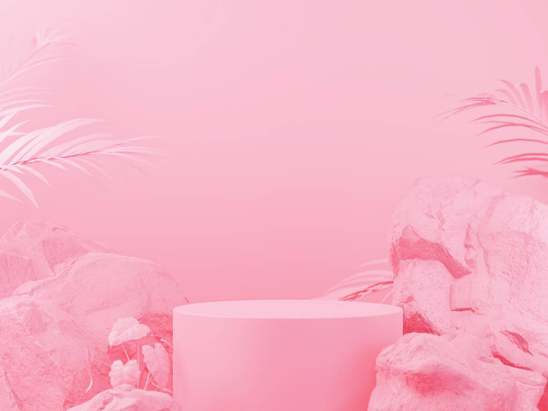Podio prodotto rosa con pietra geometrica, forma rocciosa, mockup minimalista per esposizione o vetrina di presentazione del prodotto, rendering 3d. - Foto, immagini