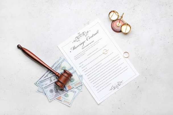 Composition with marriage contract on light background - Foto, Imagen