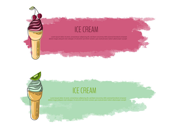 Summer Flyer with lettering and watercolor background. Vector illustration with cherry and kiwi ice cream. Sweet discounts - Wektor, obraz