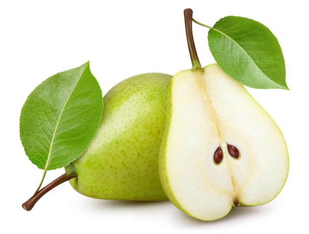 Ripe pear with leaves. Organic pear isolated on white background. Taste pear with leaf. With clipping path - Foto, Imagen