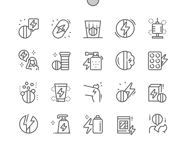 Analgesic. Pain pills. Anesthetic gel, spray and patch. Headache. Health care, medical and medicine. Pixel Perfect Vector Thin Line Icons. Simple Minimal Pictogram - Vector, Image