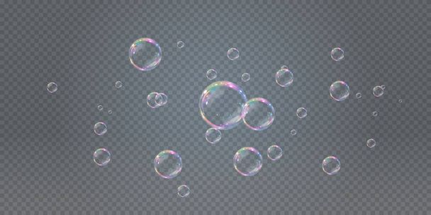 Collection of realistic soap bubbles. Bubbles are located on a transparent background. Vector flying soap bubbles - Vector, Image