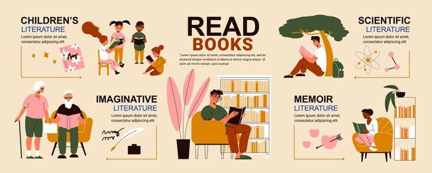 Bücher lesen Flache Infografiken - Vektor, Bild