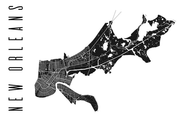 Χάρτης Νέας Ορλεάνης. Λεπτομερής διανυσματικός χάρτης της πόλης της Νέας Ορλεάνης. Cityscape αφίσα μητροπολιτική Άρια άποψη. Μαύρη γη με λευκούς δρόμους, δρόμους και λεωφόρους. Λευκό φόντο. - Διάνυσμα, εικόνα