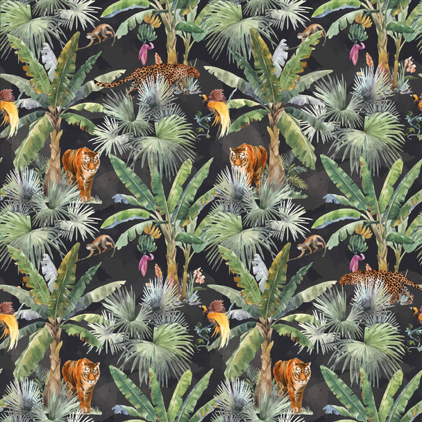 Beautiful vector seamless pattern with watercolor tropical palms and jungle animals tiger, giraffe, leopard. Stock illustration. - Vektor, Bild