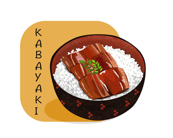 Isolated bowl of Kabayaki Unagi Japanese Eel Grilled with sweet sauce. Close up food drawing vector illustration on white background. Traditional Japanese food. - Vector, Image