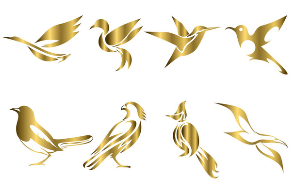 Joukko kulta vektori kuvia eri lintuja, kuten heron kolibri harakka haukka lokki ja Spigot bulbul Hyvä käyttää symboli maskotti kuvake avatar ja logo - Vektori, kuva