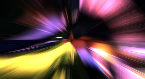 Fast high speed blur zoom background. Light technology abstract wallpaper. Colorful vibrant flashes of light energy. Warped graphic motion background. Dynamic blast flash. Acceleration effect. - Photo, Image