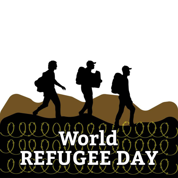 Παγκόσμια Ημέρα Προσφύγων Ειδική διανυσματική απεικόνιση και εφέ λευκού κειμένου, επώδυνη απεικόνιση, θλίψη, πόνος, πρόσφυγας, ασπρόμαυρο, συρματόπλεγμα, Λάσπη χρώμα, βουνό, Ημέρα Προσφύγων. - Διάνυσμα, εικόνα