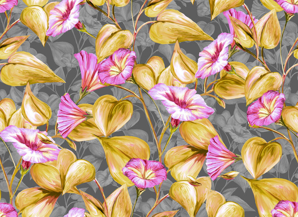 Herbal seamless pattern with painted flowers of pink loach. Digital art background with floral pattern. Print for paper and fabric. Trendy surface textile design - 写真・画像