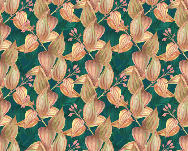 Herbal seamless pattern with painted flowers and leaves of tropical plants. Digital art background with floral pattern. Print for paper and fabric. Trendy surface textile design with pastel colors - Foto, afbeelding